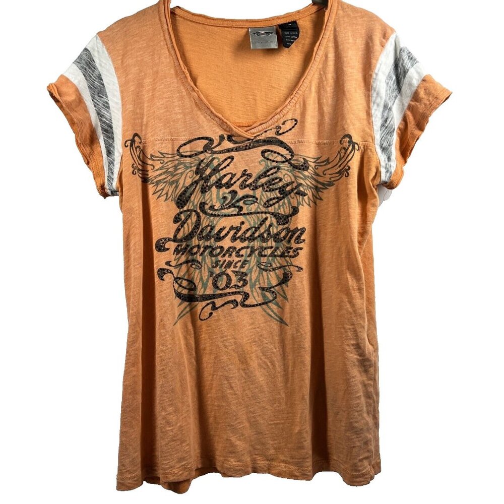Harley Davidson‎ Women's Top Size Medium Orange Black Cap Sleeve 100% Cotton